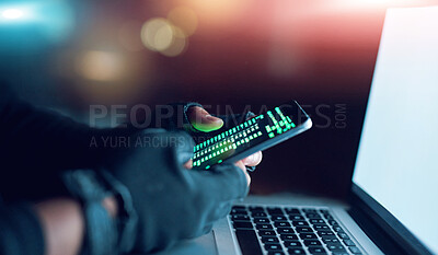 Buy stock photo Hacker, phone and coding on laptop at night for hacking software database, password or virus update for information cyber attack. Spy, screen and malware of criminal danger by phishing privacy risk

