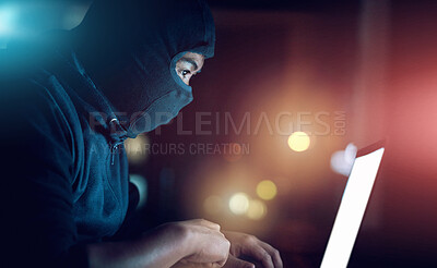 Buy stock photo Man, hacker and laptop screen at night as thief with malware for hacking database software, hardware virus or firewall error. Male spy, digital and criminal for phishing, cyber crime or privacy risk