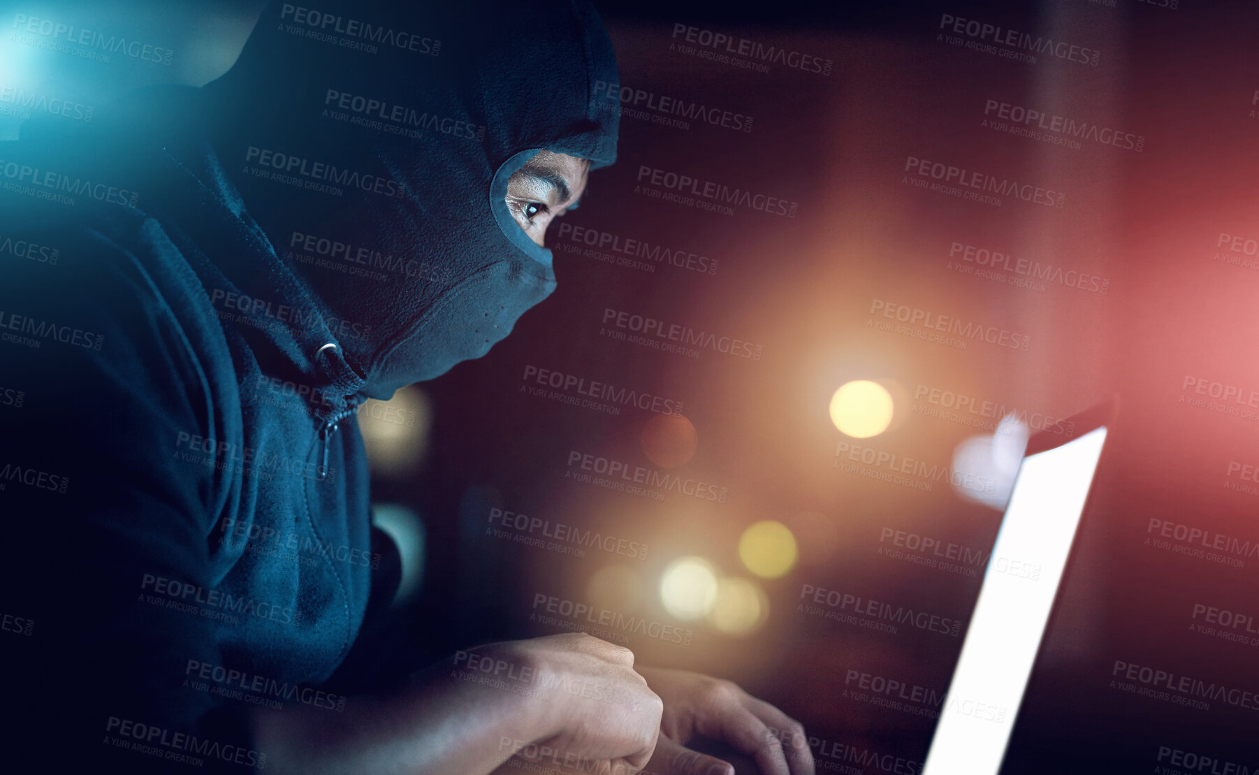 Buy stock photo Man, hacker and laptop screen at night as thief with malware for hacking database software, hardware virus or firewall error. Male spy, digital and criminal for phishing, cyber crime or privacy risk