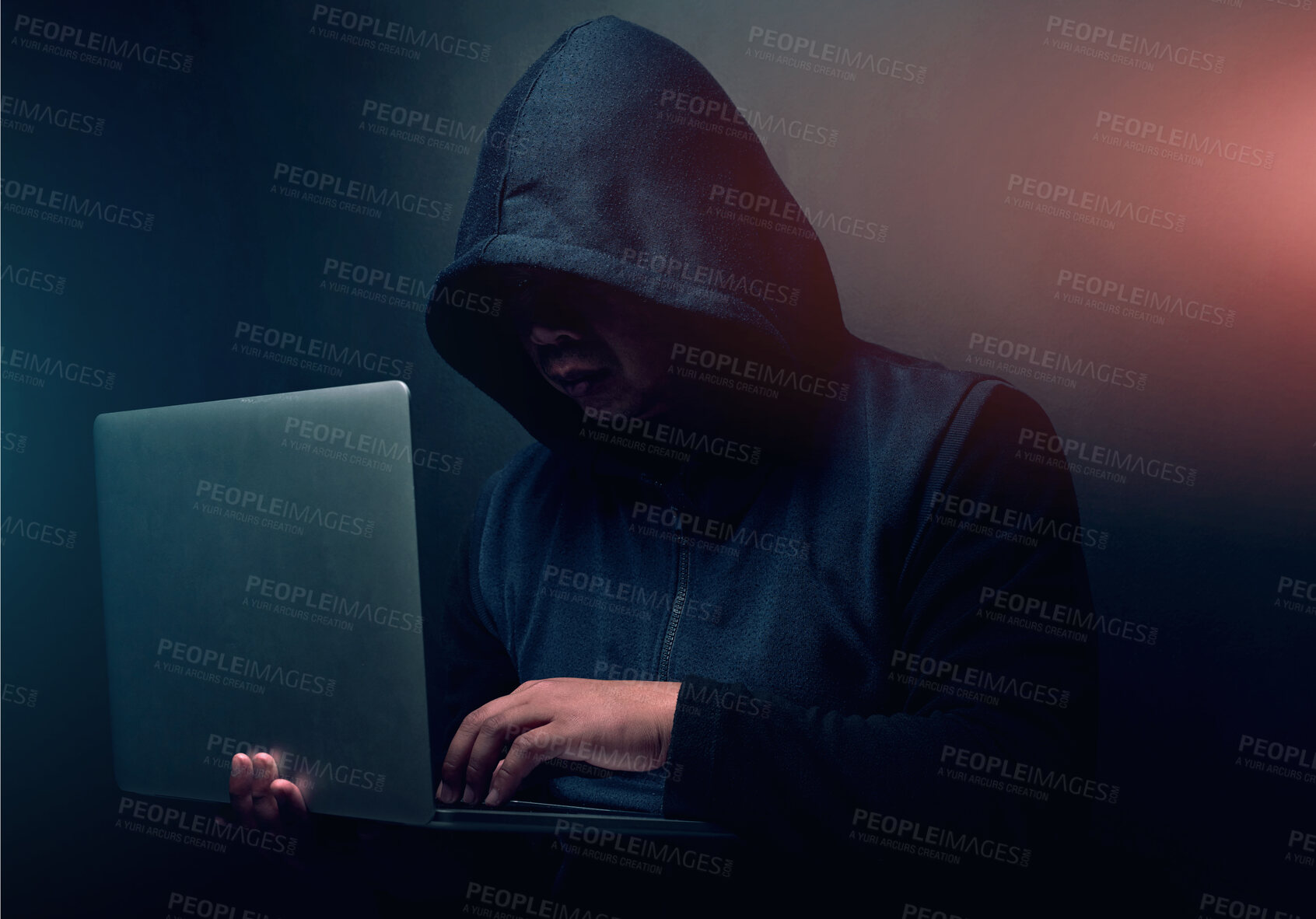 Buy stock photo Online, hacker and man with laptop in studio for cyber attack, ransomware and scam on database. Cybersecurity, crime and person with technology for coding, network risk or malware on black background