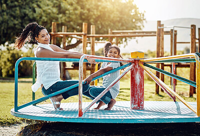 Buy stock photo Mother, child and carousel with playground, bonding and love for summer break and play together. Woman, daughter and park equipment for joy, fun and happy girl smile with countryside merry go round