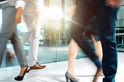 Buy stock photo Office, motion blur and legs of people for walking, movement and corporate staff in workplace. Business employees, ground and floor by lobby, corridor and hallway with shoes or feet in action