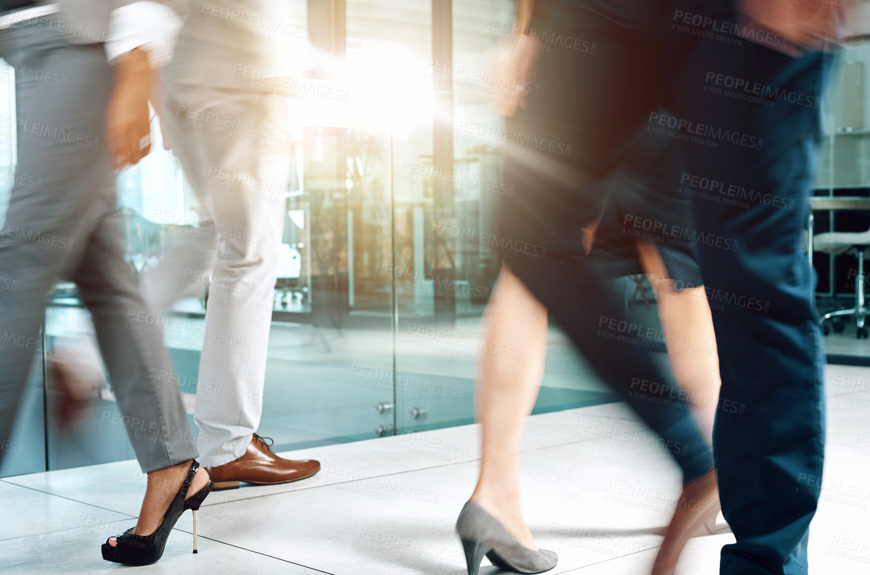 Buy stock photo Office, motion blur and legs of people for walking, movement and corporate staff in workplace. Business employees, ground and floor by lobby, corridor and hallway with shoes or feet in action