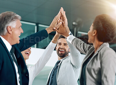 Buy stock photo Group, people and diversity for success in high five for business or project as lawyer in corporate. Teamwork, celebration and workplace with happy, winning or collaboration in career as professional