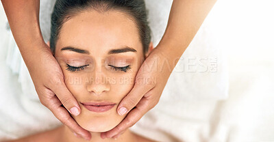 Buy stock photo Face, hands for massage and woman in spa with masseuse to relax for health, peace or wellness. Beauty, calm or stress relief with client and therapist in clinic or salon for treatment from above