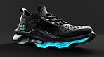 Sneakers, design or sport shoes on a black backdrop for gym workout, fitness and running. Modern design, futuristic and shoe technology for tracking heart rate, pulse and advertisement mockup