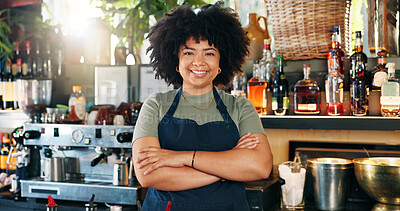 Buy stock photo Welcome, coffee shop and portrait of woman with confidence at counter, waitress or barista at restaurant startup. Bistro, bar service and drinks, happy small business owner, manager or boss at cafe.