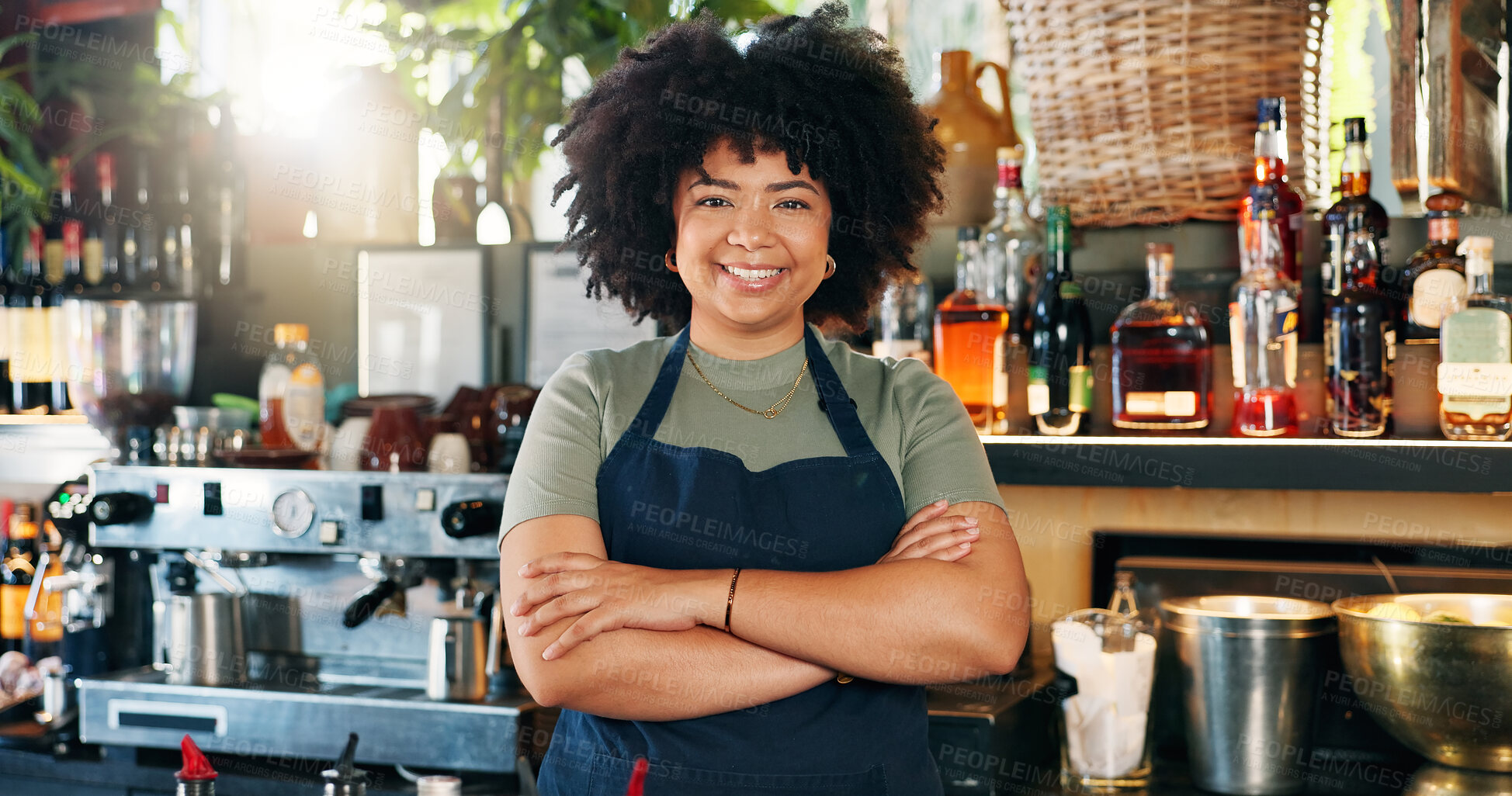 Buy stock photo Welcome, coffee shop and portrait of woman with confidence at counter, waitress or barista at restaurant startup. Bistro, bar service and drinks, happy small business owner, manager or boss at cafe.