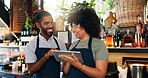 Tablet, restaurant bartender and happy people discussion on checklist for alcohol stock, store trade or inventory. Smile, small business team and entrepreneur collaboration on drinks supply chain