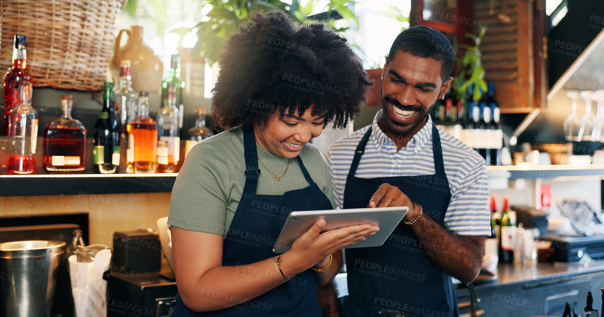 Buy stock photo Tablet, restaurant bartender and happy people discussion on checklist for alcohol stock, store trade or inventory. Smile, small business team and entrepreneur collaboration on drinks supply chain
