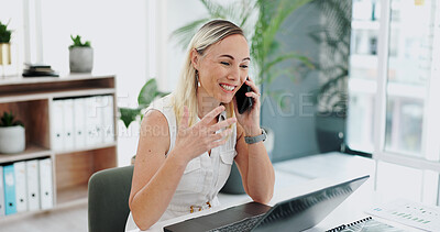 Buy stock photo Business woman, happy and conversation with phone call for communication or networking at office. Female person or employee with smile and talking on mobile smartphone for discussion at workplace