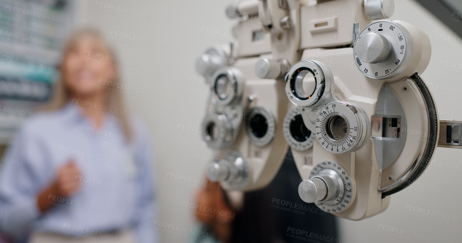 Buy stock photo Medical, eye care and clinic with machine in office for optometry, consultation and examination. Healthcare, service and technology in workplace for vision test, assessment and optical evaluation