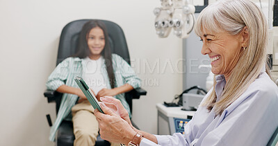 Buy stock photo Tablet, doctor and smile for video call, clinic and patient in office for eye care, kid and specialist. Communication, online and visual healthcare, information and optician with child and exam