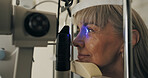 Mature woman, slit lamp or ophthalmology as eye test, medical service or optometry technology. Eyeball, led light or patient in glaucoma, assessment or healthcare lens to diagnose, cornea or myopia