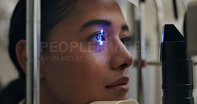 Buy stock photo Closeup, woman or slit lamp in ophthalmology, eye exam or medical service in private clinic. Eyeball, led light or patient in glaucoma, assessment or technology to measure ocular, pressure or cornea