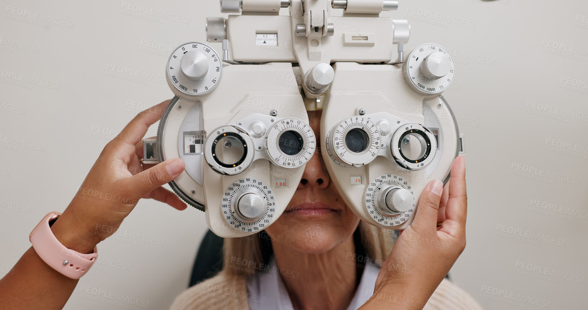 Buy stock photo Phoropter, eye and optometrist for vision, medical and test for optical exam or consultation. Optometry, technology and analysis machine, female patient and professional ophthalmologist clinic