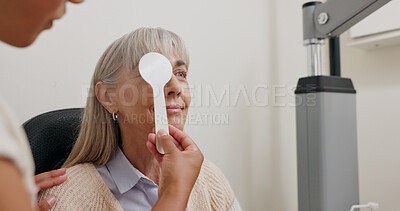 Buy stock photo Woman, vision and working for help with eyes or optometry, test for glaucoma or cataracts. Female person, exam and professional with consultation for analysis in clinic, senior with check for health