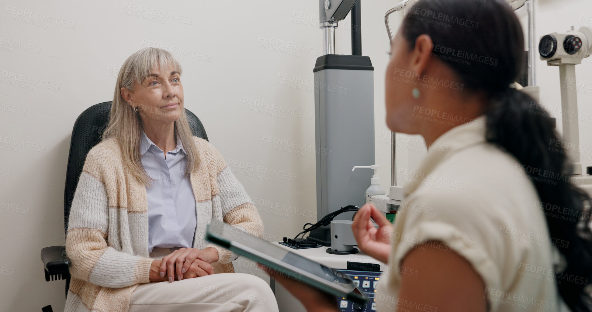 Buy stock photo Woman, optometrist and doctor with tablet for exam with patient in office with spectacles for insurance. Optometry, eye care and trust with vision, results or advice from specialist in healthcare