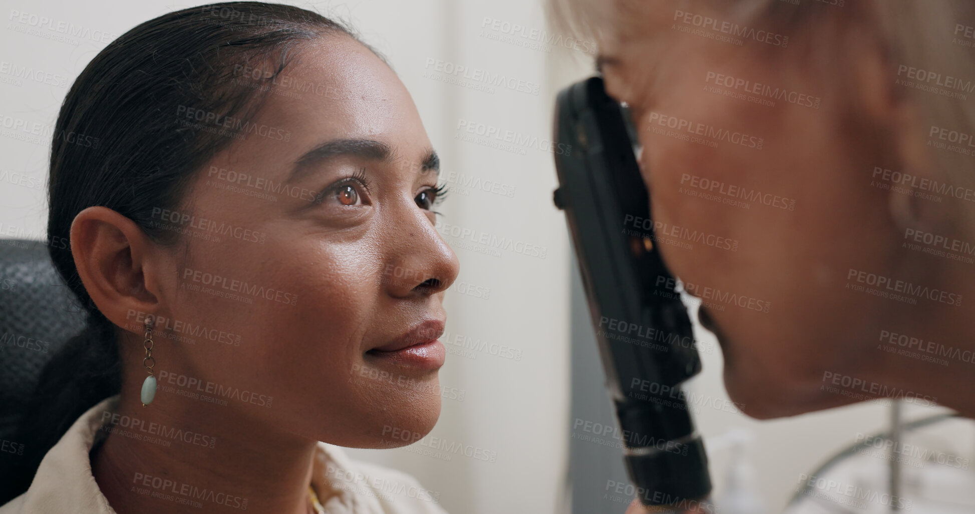 Buy stock photo Woman, checkup and optician for vision, healthcare and eye exam with retinoscope test. Specialist, optometrist and technology for glaucoma, wellness and medical result with consultation and support