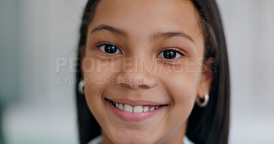 Buy stock photo Optometry, customer and portrait of girl with smile for eye care, confidence and pride in health. Female child, positive and face with happiness for eyesight, ophthalmology and wellness of kid