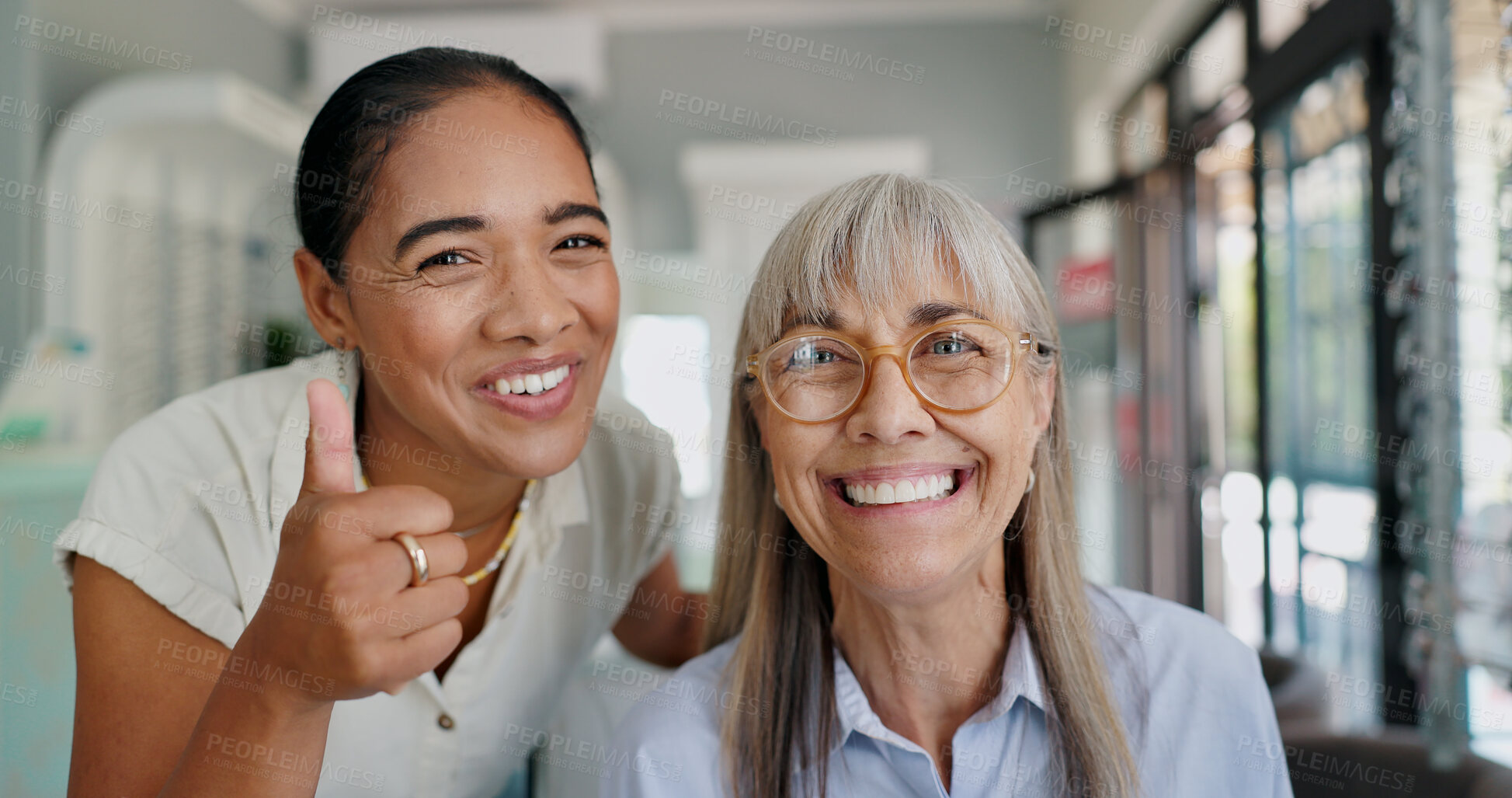 Buy stock photo Women, doctor and patient with thumbs up on portrait for glasses, prescriptions and happy with choice. Optometrist, smile and confident at shop with support, trust and care for eyesight or eye care