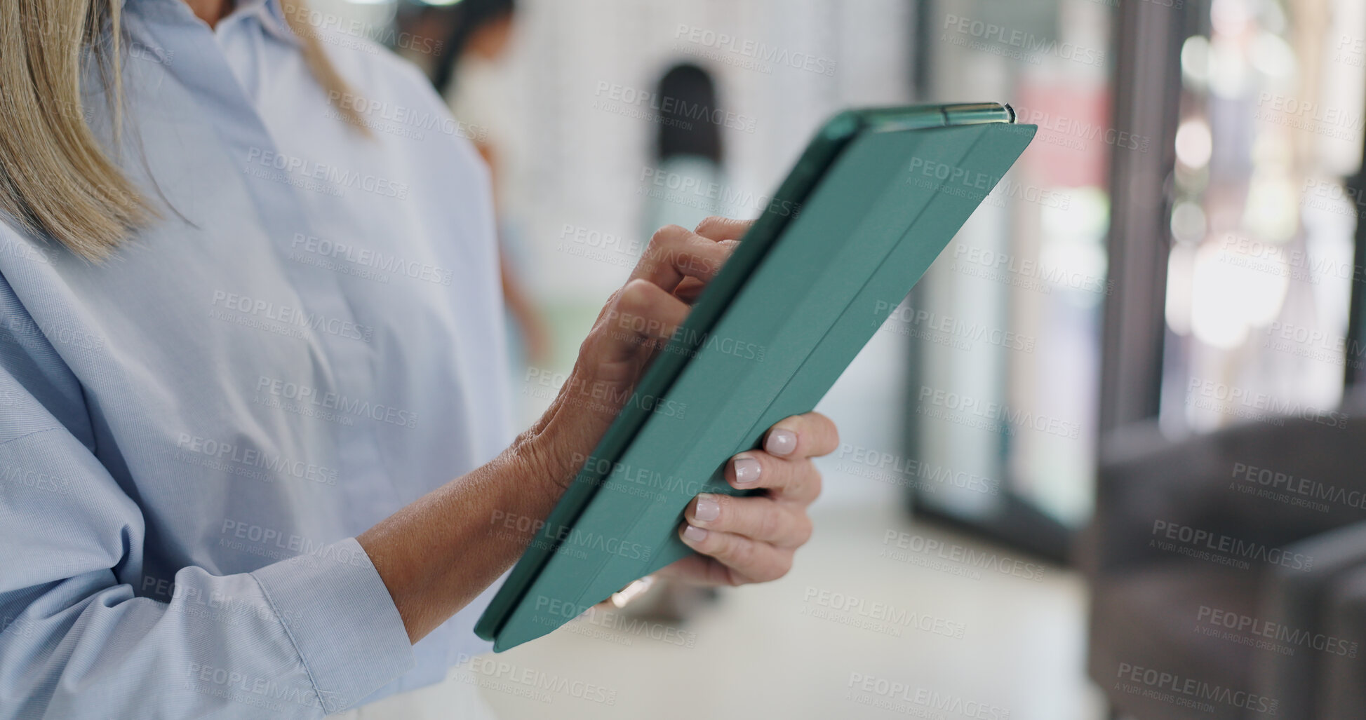 Buy stock photo Optometrist, hands and woman on tablet with results for patient, schedule and appointment at store. Doctor, optometry and specialist with information for advice, support and prescription for glasses