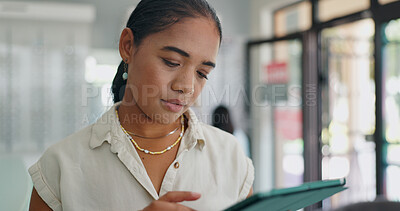 Buy stock photo Optometry, thinking and woman with tablet, typing and connection with inventory update and stock. Person, employee and consultant with technology and internet with digital app, store and healthcare