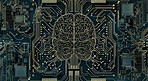 Brain, motherboard and futuristic data in circuit for cybersecurity storage with technology microchips. Digital, neuroscience and organ with abstract semiconductor for cloud computing system.