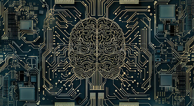 Buy stock photo Brain, motherboard and futuristic data in circuit for cybersecurity storage with technology microchips. Digital, neuroscience and organ with abstract semiconductor for cloud computing system.