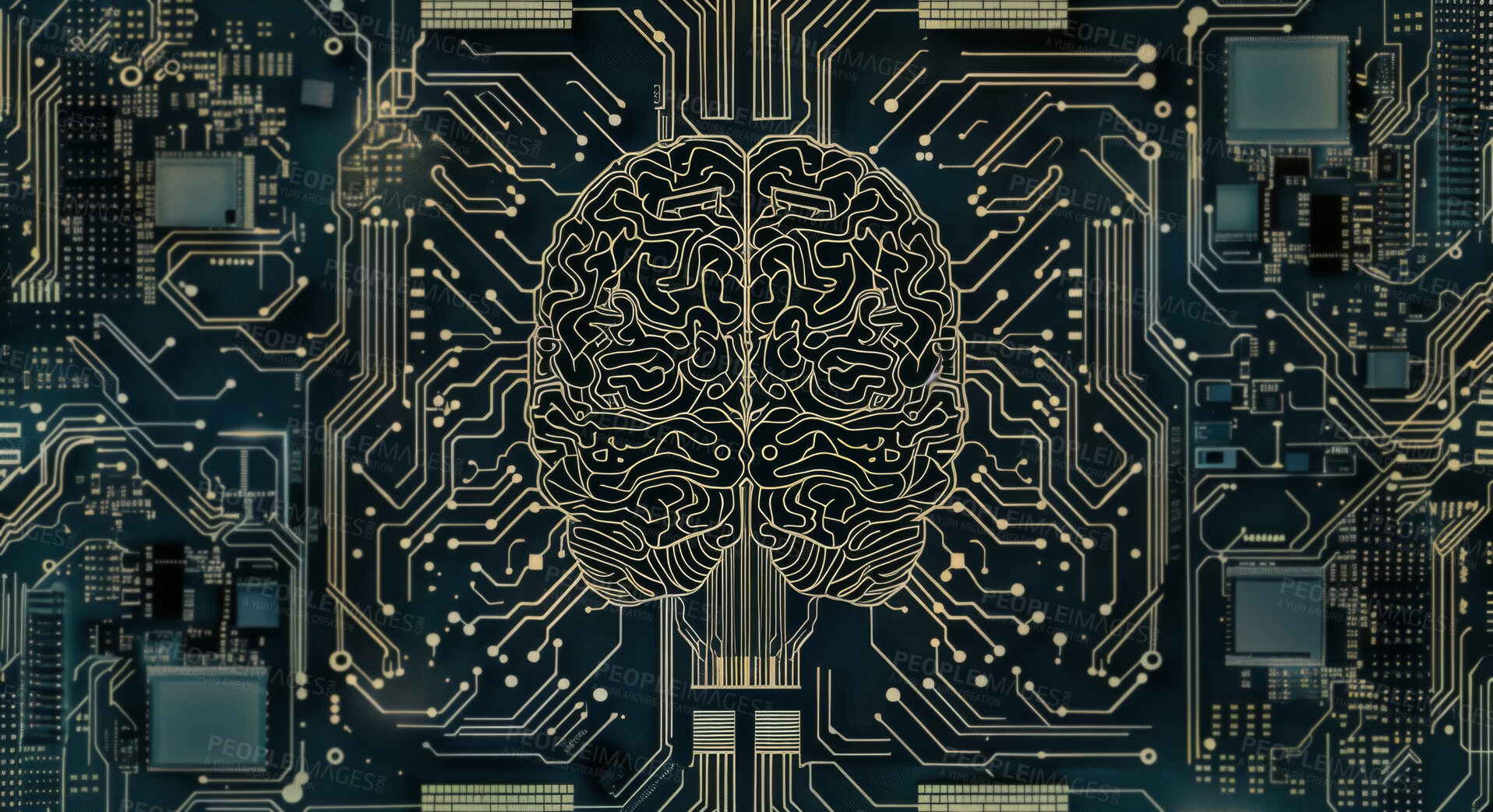 Buy stock photo Brain, motherboard and futuristic data in circuit for cybersecurity storage with technology microchips. Digital, neuroscience and organ with abstract semiconductor for cloud computing system.