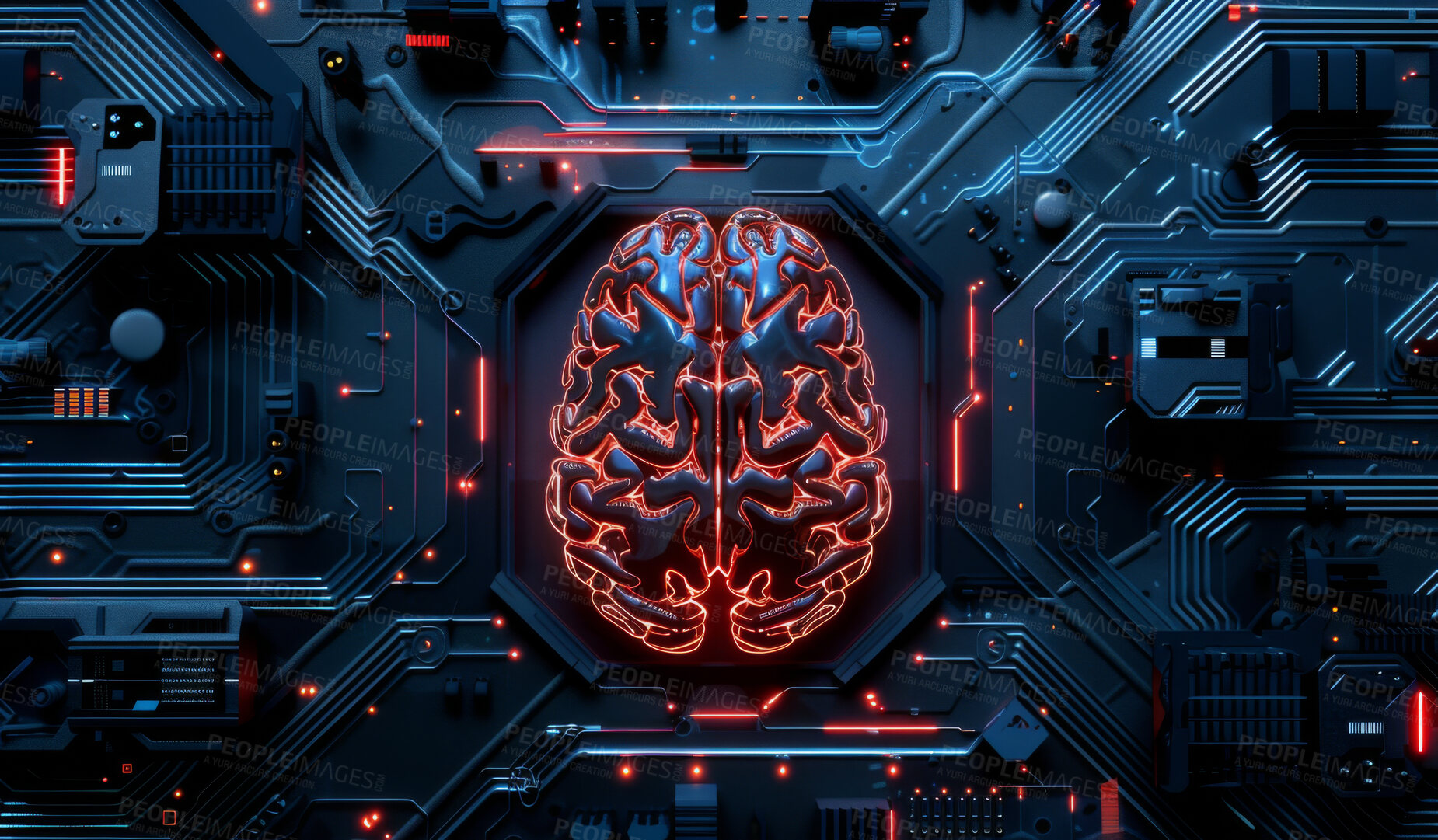 Buy stock photo Brain, semiconductor and futuristic data in circuit for cybersecurity storage with technology microchips. Digital, neuroscience and organ with abstract motherboard for cloud computing system.