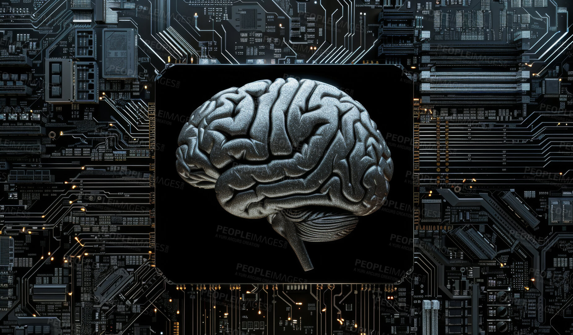 Buy stock photo Brain, motherboard and abstract futuristic data in circuit for cybersecurity storage with technology microchips. Digital, neuroscience and organ with semiconductor for cloud computing system.