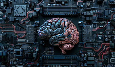 Buy stock photo Brain, cloud computing and futuristic data in circuit for cybersecurity storage with technology microchips. Digital, neuroscience and organ with abstract semiconductor for motherboard system.