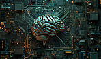 3d brain, motherboard and futuristic data in circuit for cybersecurity storage with technology microchips. Digital, neuroscience and organ with abstract semiconductor for cloud computing system.