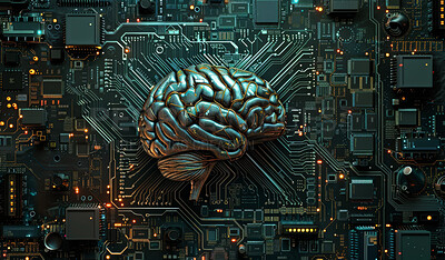 Buy stock photo 3d brain, motherboard and futuristic data in circuit for cybersecurity storage with technology microchips. Digital, neuroscience and organ with abstract semiconductor for cloud computing system.