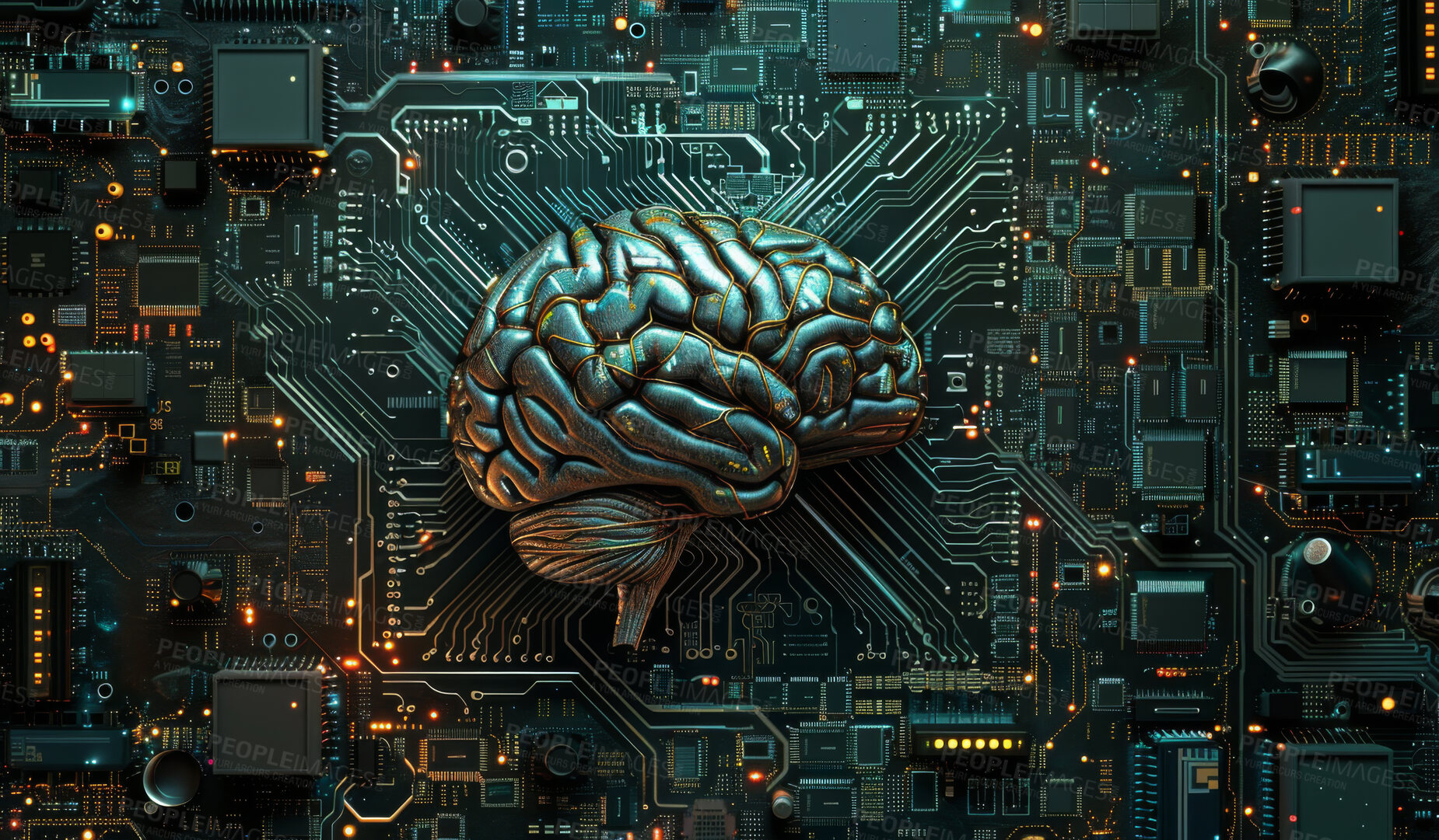 Buy stock photo 3d brain, motherboard and futuristic data in circuit for cybersecurity storage with technology microchips. Digital, neuroscience and organ with abstract semiconductor for cloud computing system.