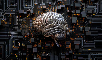 Buy stock photo 3d brain, semiconductor and futuristic data in circuit for cybersecurity storage with technology microchips. Digital, neuroscience and organ with abstract motherboard for cloud computing system.