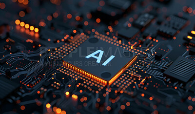 Buy stock photo Future, tech and online chip for ai on motherboard, programming and codes for internet browsing and information. Lights, machine learning and big data, algorithms and circuit board or innovation