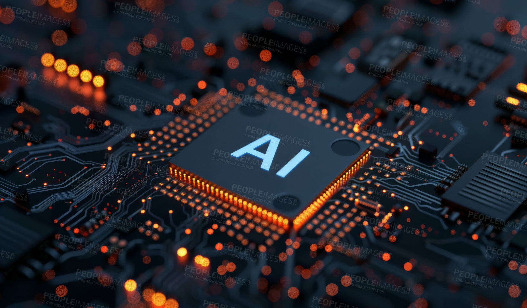 Buy stock photo Future, tech and online chip for ai on motherboard, programming and codes for internet browsing and information. Lights, machine learning and big data, algorithms and circuit board or innovation