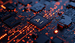 Future, technology and online chip for ai on motherboard, programming and codes for internet browse and information. Lights, machine learning and big data, algorithms and advancement or innovation