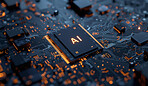 Future, technology and micro chip for ai on motherboard, programming and codes for internet browsing and information. Lights, machine learning and data, algorithms and tech advancement or innovation