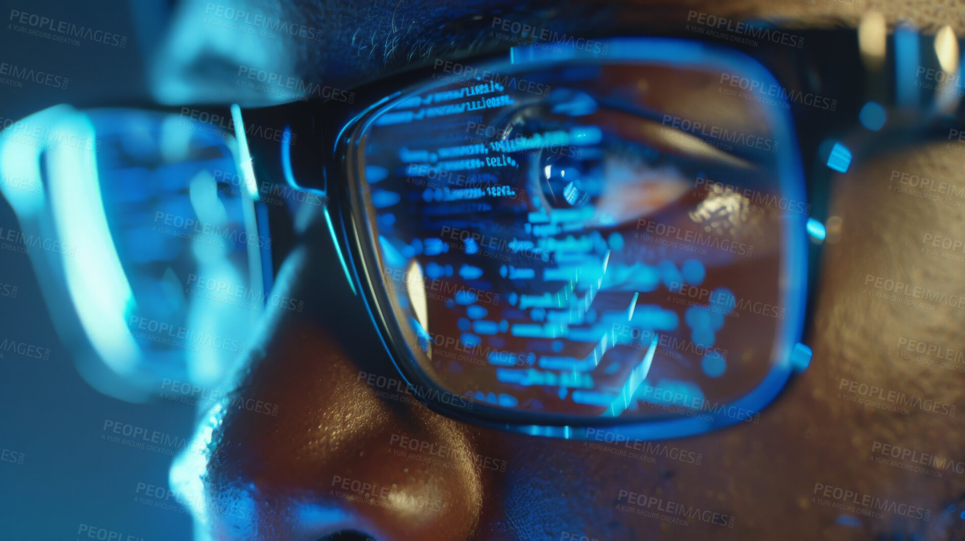 Buy stock photo Night, man and glasses with reflection of software, coding and information technology for fintech. Black person or programmer, screen and IT problem solving, data analysis and cyber security research