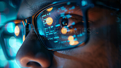 Buy stock photo Night, man and glasses with reflection of coding, software development and information technology for server. Programmer, screen and IT problem solving, data analysis and cyber security research