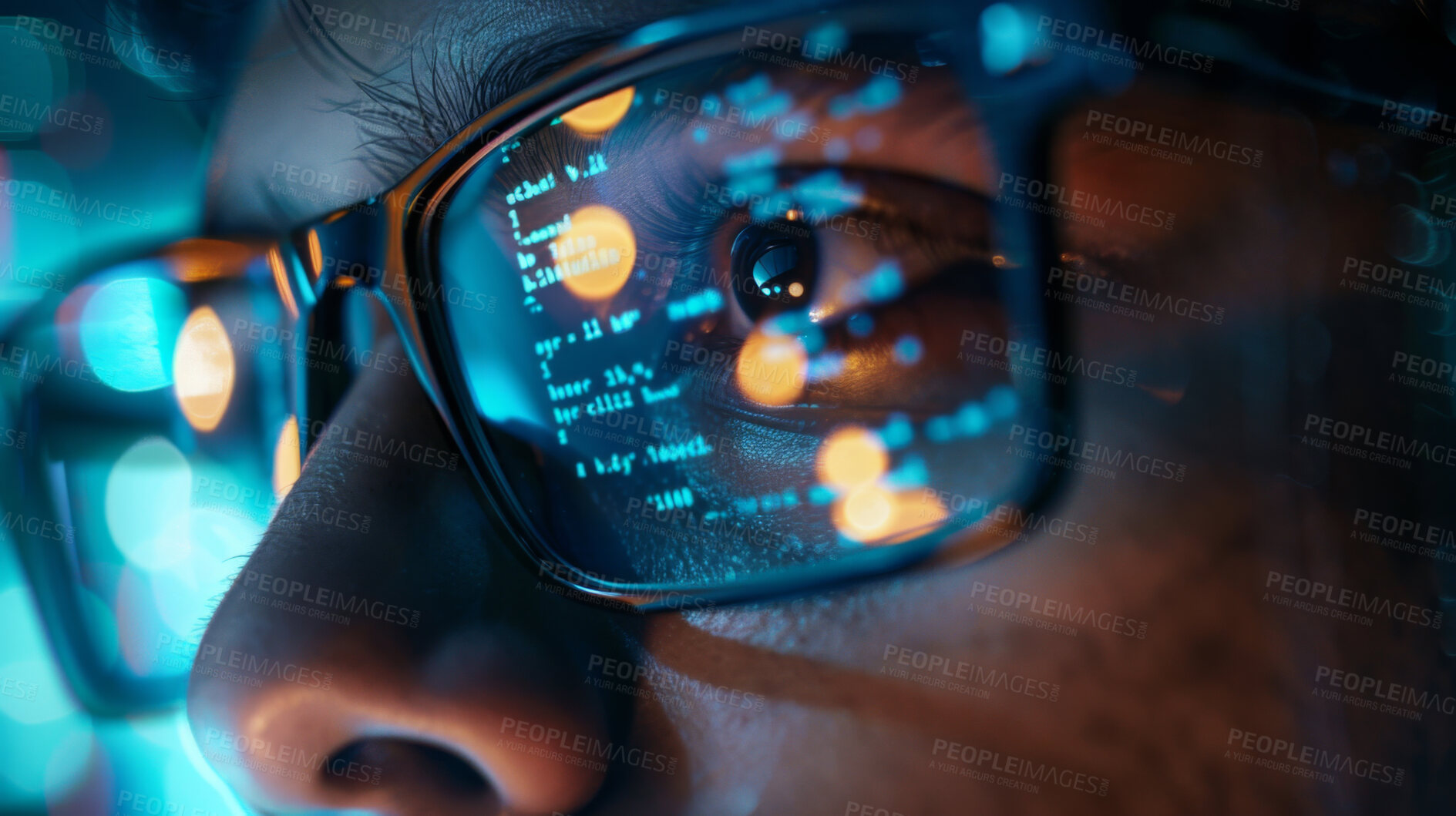 Buy stock photo Night, man and glasses with reflection of coding, software development and information technology for server. Programmer, screen and IT problem solving, data analysis and cyber security research