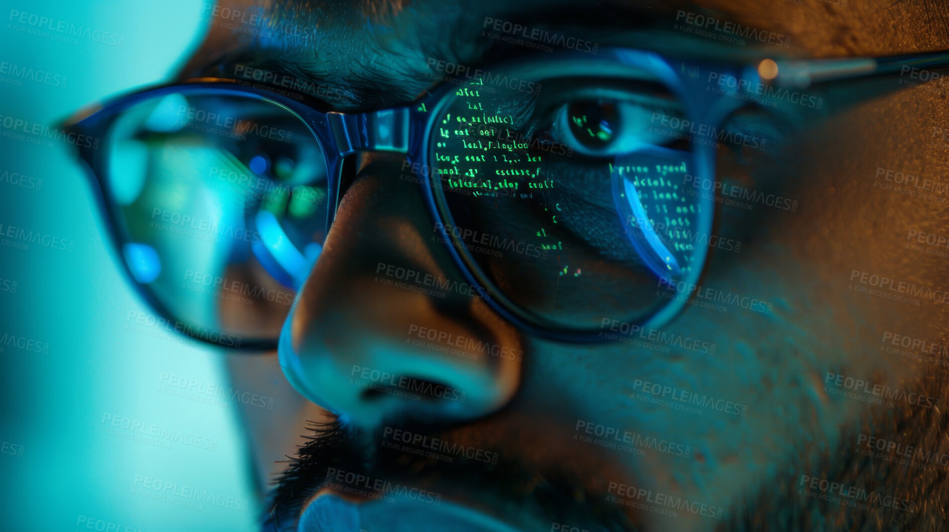 Buy stock photo Night, man and glasses with reflection of software development, coding and information technology for fintech. Programmer, screen and IT problem solving, data analysis and cyber security research