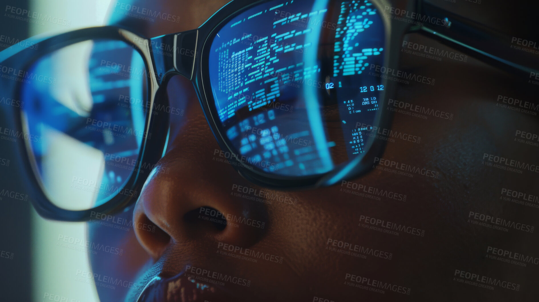 Buy stock photo Night, woman and glasses with reflection of coding, software developer or information technology for fintech. Black person or programmer, screen and IT problem solving, data analysis or cybersecurity