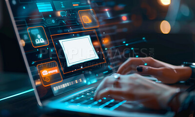 Buy stock photo Person, hands and laptop at night with hologram or digital interface for innovation, programming or coding at office. Closeup of programmer or coder typing on computer with big data for development 