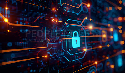 Buy stock photo Information technology, data and lock with safety for cybersecurity, cloud computing and protection. Network, system and graphic with icon on server for internet, access control and database privacy