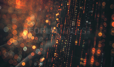 Buy stock photo Bokeh, pattern and background with tech, texture and connection of abstract binary data. Light, defocused blur and backdrop with illustration of futuristic dots, glitter and glow of sparkling circle