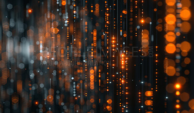 Buy stock photo Bokeh, abstract and background with pattern, texture and lines for connection of data design on tech. Light, blur and backdrop with futuristic dots, glitter and glow of circle for digital sparkle